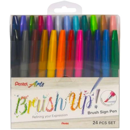 Pentel Brush Sign Pen SES15C - Brush Nib - Fibre Tip - Full Range Set - 24 Pens