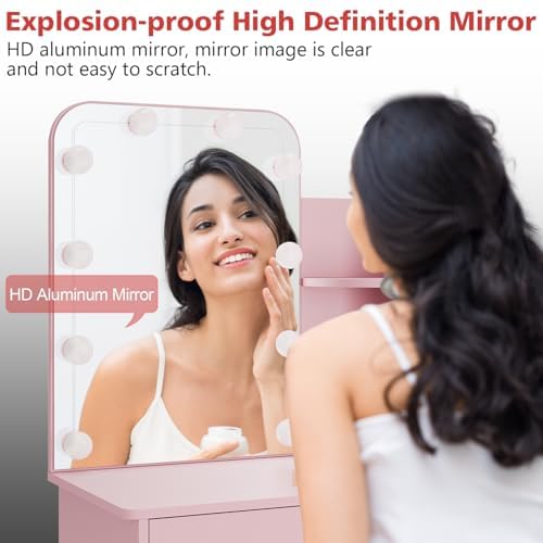 ZANOFIRA Dressing Table with LED Lights Mirror, Vanity Table with Dimming & 3 Color Modes