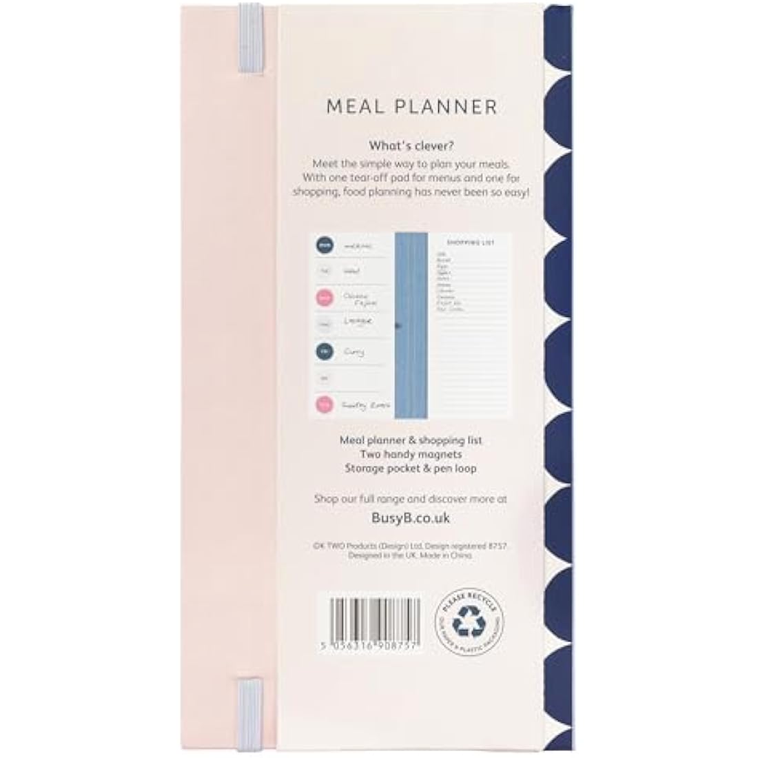 Busy B Navy Spot Meal Planner - Weekly Tear-Off Meal Planner, Shopping Lists, Storage Pocket, Elastic Closure, Pen Loop and Two Magnets - FSC® Certified