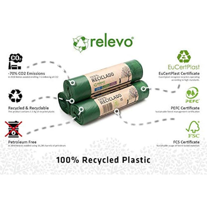 Relevo Bin Bags 50 Litre – Made from 100% Recycled Material. Dimensions: 70 cm x 75 cm. Includes 30 Bin Liners 50L