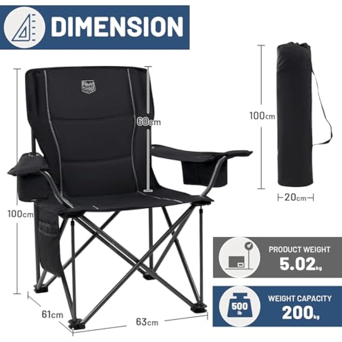 TIMBER RIDGE Camping Chairs for Adults Heavy Duty 200kg Oversized, Padded Folding Chair with Cup Holder and Cooler Bag Comfy for Outdoor Picnic Fishing Garden, Lightweight and Portable (Black- 2PCs)