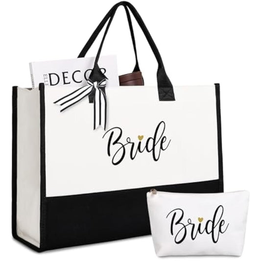 Lamyba Bride Bag with Makeup Bag and Reinforced Bottom, Bridal Shower Gifts - Black and White