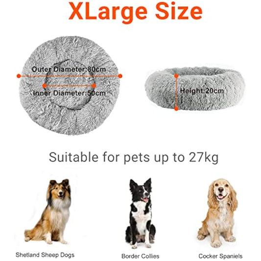 OKPOW Donut Dog Bed Extra Large Washable - 80cm Anti Anxiety Calming Cosy Fluffy Plush Puppy Kitten Round Super Soft Snuggle Pet Cat Beds for Indoor Cats Light Grey