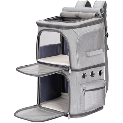 FASNATI Double-Compartment Pet Carrier Backpack, Cat Carrier Backpack for 2 Cats, Small Dogs, Perfect for Traveling/Hiking/Camping, Grey, XL