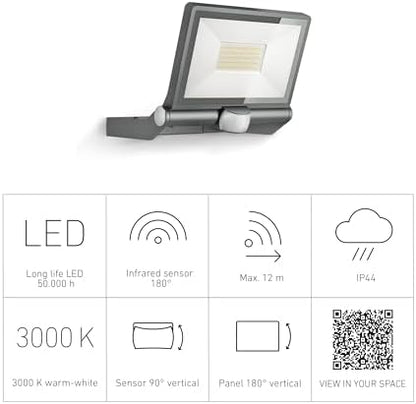 Steinel LED Outdoor Floodlight XLED ONE XL S Anthracite, 180° Motion Detector, 42.6 W, 4200 lm, Warm White, Aluminium