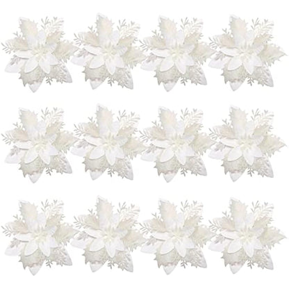 Toyvian Poinsettia Artificial Poinsettia Christmas Decorations Glitter Christmas Tree Flowers Decorations Novetly Artificial Chritstmas Flowers for Xmas Tree Decorations with Clips