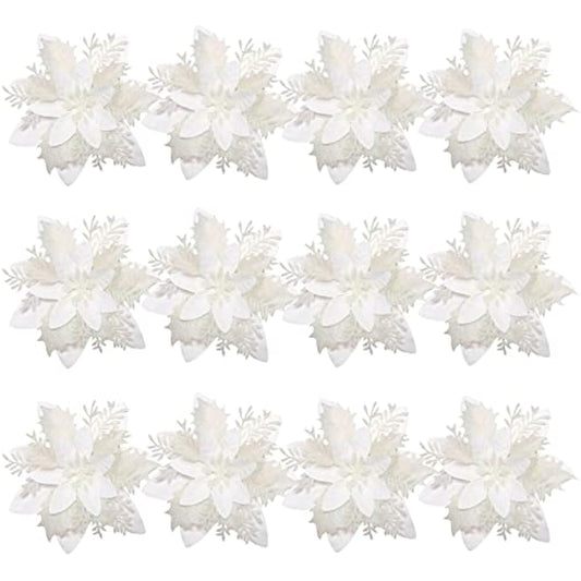 Toyvian Poinsettia Artificial Poinsettia Christmas Decorations Glitter Christmas Tree Flowers Decorations Novetly Artificial Chritstmas Flowers for Xmas Tree Decorations with Clips