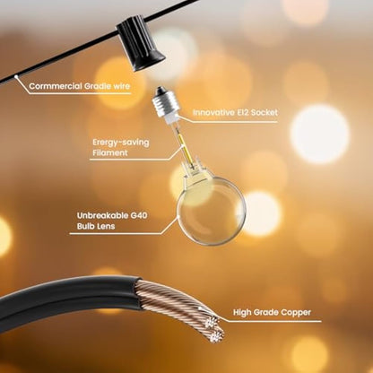Yuucio Outdoor LED String Lights 100FT, 30M Festoon Lights Mains Powered with 52 Plastic Bulbs, Waterproof for Garden Patio Backyard Gazebo Weddings Halloween Decorations, Warm White 2700K