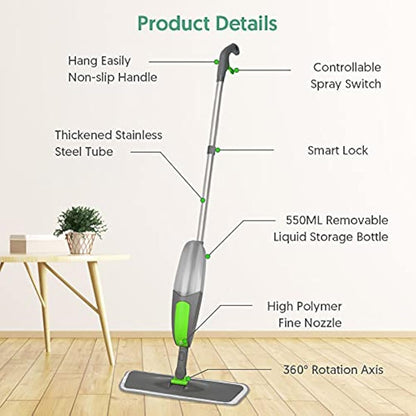 Spray Mop for Floor Cleaning, ILAVCOOL Microfiber Floor Mop with 3 Reusable Pads 550ML Refillable Bottle for Cleaning Laminate, Tile, Wood, Hardwood