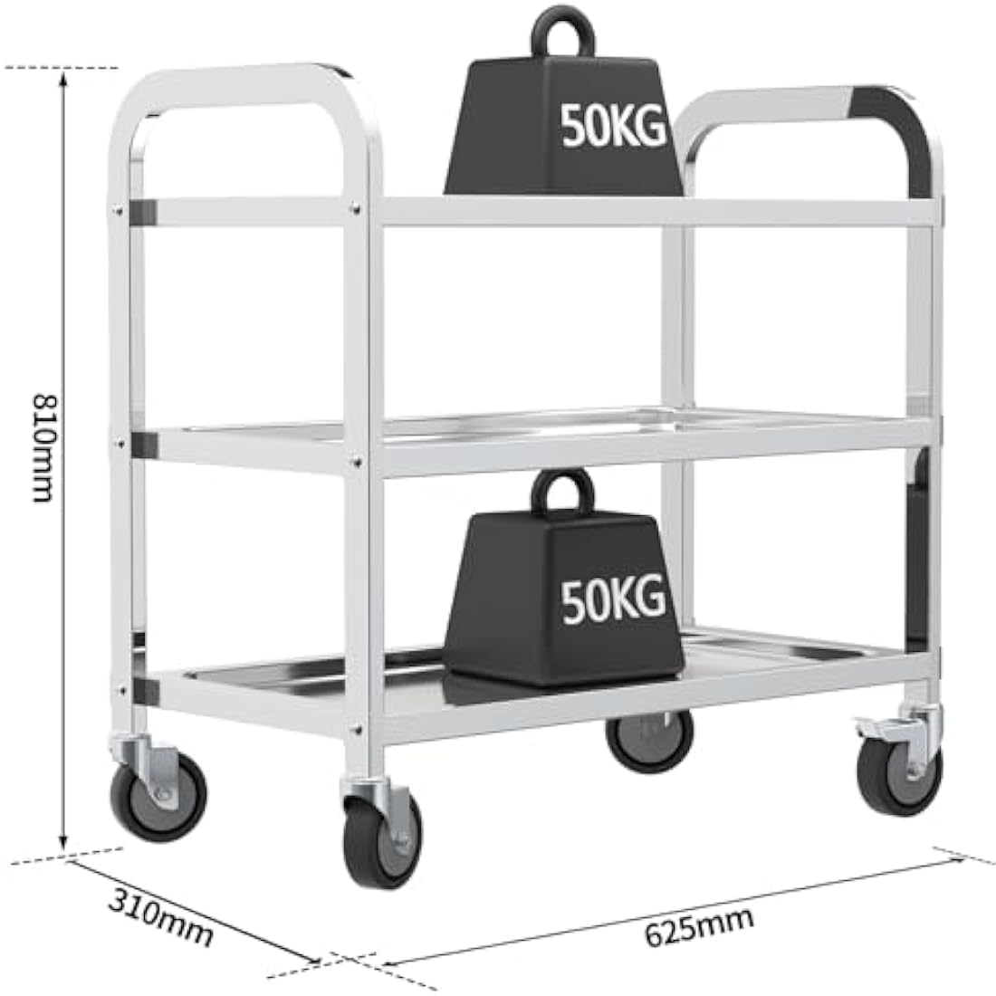 TAIMIKO Stainless Steel Utility Cart - 3-Tier Kitchen Trolley, Restaurants Serving Trolley with Locking Wheels, For Garage, Restaurants, Hotels, Size: 625x315xH800mm