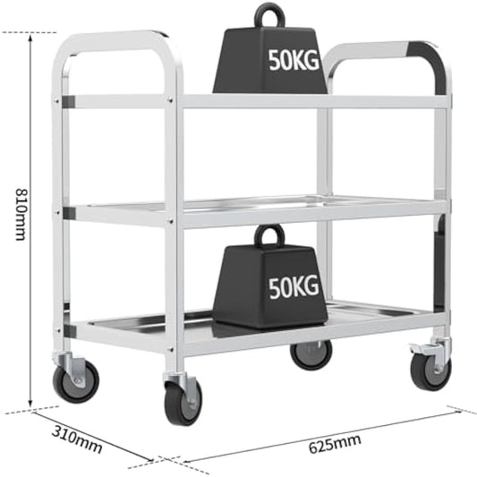 TAIMIKO Stainless Steel Utility Cart - 3-Tier Kitchen Trolley, Restaurants Serving Trolley with Locking Wheels, For Garage, Restaurants, Hotels, Size: 625x315xH800mm
