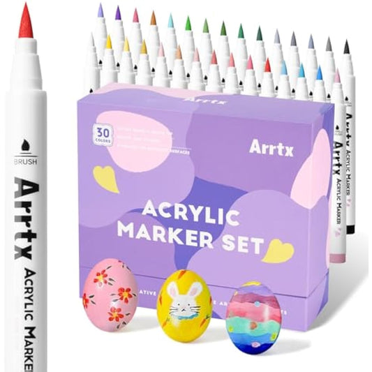 Arrtx 30 Colors Acrylic Paint Pens for Rock Painting, Extra Brush Tip, Water Based Paint Markers for Stone, Glass, Easter Egg, Wood and Fabric Painting-No Toxic,No Odor
