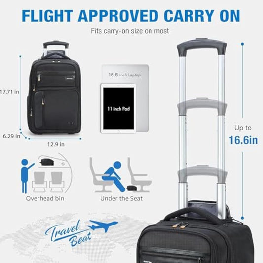 Ponhog Backpack with Wheels - 15.6 inch Laptop Rolling Rucksack on Wheels for Men Women,Wheeled Backpack Flight Approved Water Resistant Carry on Trolley Suitcase for Travel Trip Business,Black