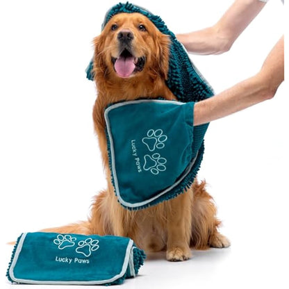 Lucky Paws® Chenille Dog Towel with Hand Pockets - UK Based Seller - Absorbent Microfibre Towel - Fast Drying - Super Soft - Machine Washable & Dryable - 88 x 32cm (Pack of 2, Teal)
