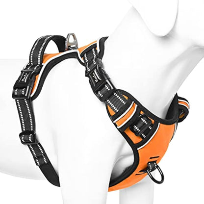 HEELE No Pull Dog Harness - Medium, Release on Neck, Reflective, Adjustable with Front & Back Leash Attachments & Soft Padded Control Handle for Dogs Walking & Training, Orange, M