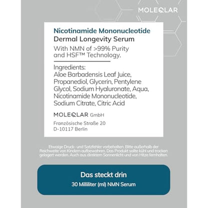 MoleQlar NMN Face Serum 30 ml - Longevity for Your Skin - with Patented HSF Technology and High-Purity Uthever NMN