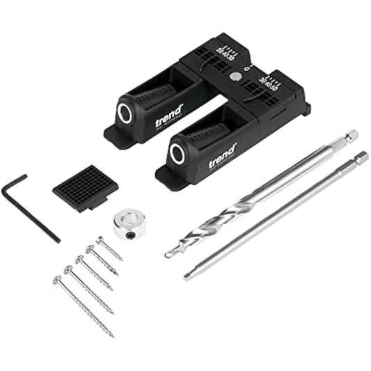 Trend 3 in 1 Pocket Hole Jig Kit with Pocket Hole Jig, HSS Drill Bit & Depth Setting Collar, Square Drive Bit, 50 Screws & Kit Storage Case, PH/JIG/BK