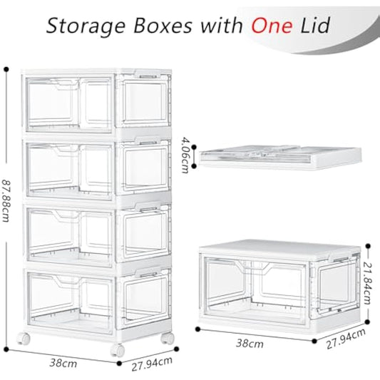 TidyTrove Storage Boxes with Lid - 23L*4 Plastic Storage Box with Front Door, 4 Tier Stackable Boxes, Plastic Drawers, Large Storage Box with Lid for Kitchen Storage & Organisation