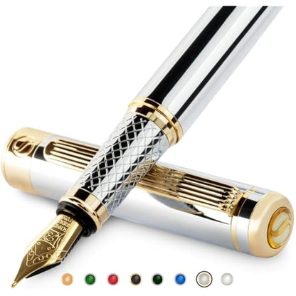 Scriveiner Silver Chrome Fountain Pen - Stunning Luxury Pen, Real Gold Plating, Schmidt Gilded Nib (Broad), Best Pen Gift Set for Men & Women, Professional, Executive Office, Nice Designer Pens