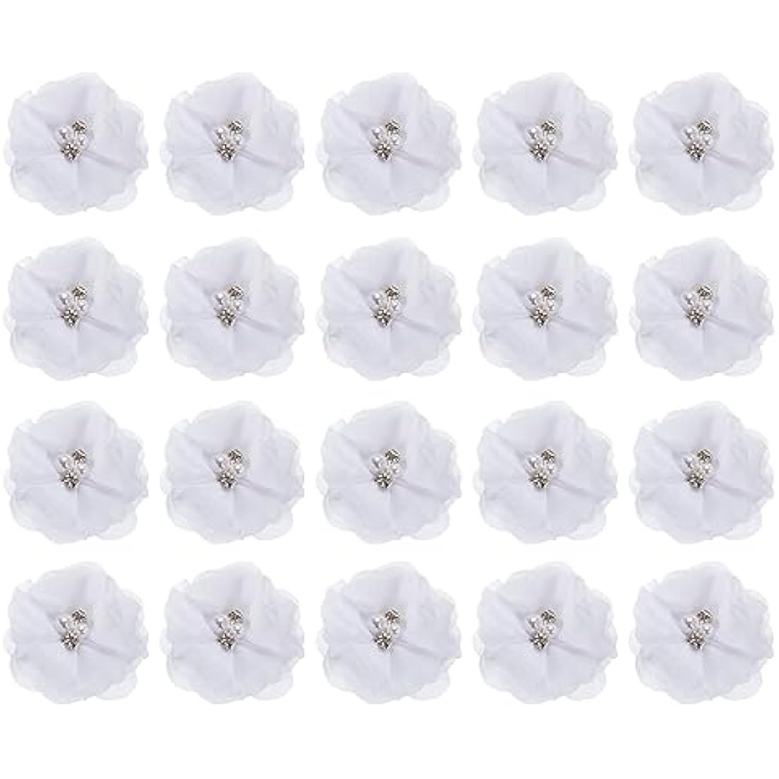 sourcing map Artificial Rhinestone Chiffon Flower Heads, White Faux Flowers 2 Inch for DIY Craft Wedding and Party Decoration Pack of 20