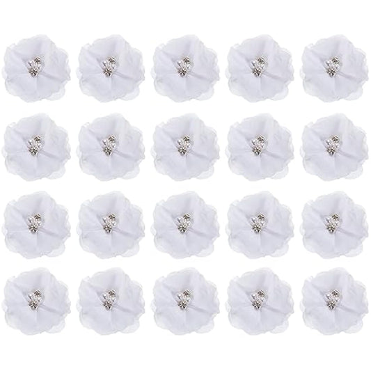 sourcing map Artificial Rhinestone Chiffon Flower Heads, White Faux Flowers 2 Inch for DIY Craft Wedding and Party Decoration Pack of 20