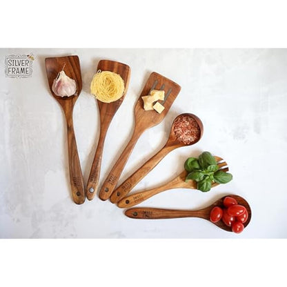 Silver Frame Wooden Spoons for Cooking, Utensils Set with Kitchen Holder -7 pcs of Teak Wood Cooking Utensils Set, Wooden Kitchen Utensils for Nonstick Pans and All Kind of Cooking