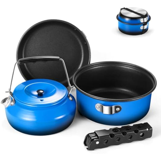 Odoland 5pcs Camping Cookware Mess Kit, Non-Stick Lightweight Pot Pan Kettle Set with a removable handle - Perfect for Backpacking, Camping, Hiking, and Picnic