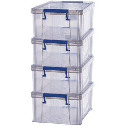 BANKERS BOX 4x 10L Plastic Storage Boxes with Lids. ProStore Super Strong Stackable Plastic Storage Boxes (14 x 34 x 21.5cm), Made in the UK, Clear