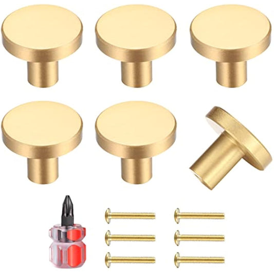 Yibaijia 6 Pcs Round Cabinet Knobs, Gold Brass Drawer Knobs, Door Kitchen Hardware Cupboard Knob, Stainless Steel Single Hole Handle with Screws for Home Decorating, Cupboard, Wardrobe (20mmx25mm)