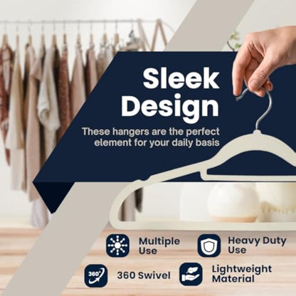 Sasha Morel 20 Pack Velvet Coat Hangers – Non Slip Velvet Hangers for Clothes, Space Saving Adult Hangers with Tie Organizer & Swivel Hooks – Clothes Hangers Wardrobe Storage - Cream