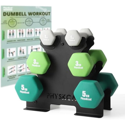 PhysKcal Dumbbells Set with Storage Rack, Hand Weights Set for Home, Gym & Studio