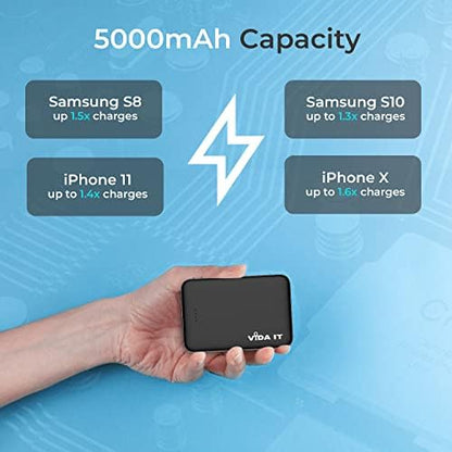 Vida IT Small Power Bank for Heated Vest Scarf Jacket 5V 2A External Battery Pack Portable Charger for iPhone 7 8 X Samsung Galaxy S8 S9 S10 Huawei Android Mobile Phone, 5000mAh Mini USB Power Pack