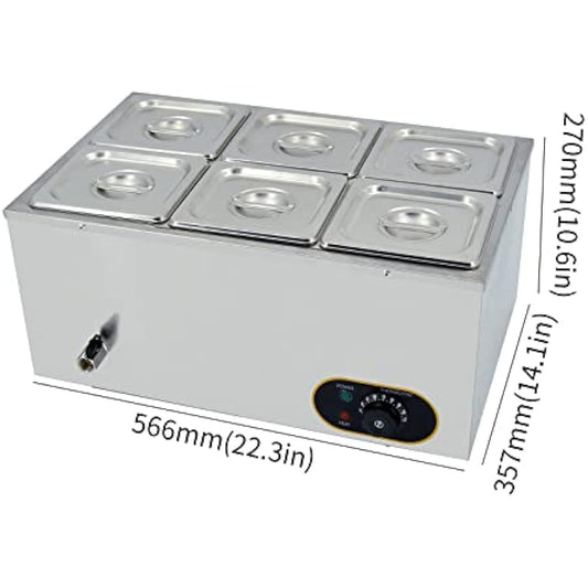 Commercial Food Warmer Stainless Steel Bain Marie Buffet Warmer 1500W, Temperature Range 30-85 °C, GN 1/6 Containers -150mm x6 Pans with Lids, Drain Tap