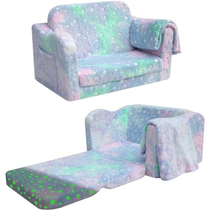 MeMoreCool Kids Couch, Folding Kids Sofa Bed, Toddler Convertible Sofa Chair to Lounger Pull Out Couch for Playroom, Glow In The Dark