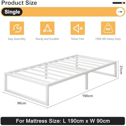 Yicensen Single Bed Frame 90x190 cm, Metal Bed Frame Single with Steel Slat Support, Easy Assembly, Noise Free, No Box Spring Needed, 30cm High, White
