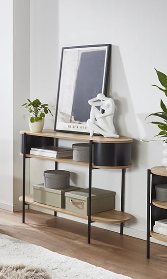 HAKU console, oak, black, metal, chipboard. Dimensions: W 110 x H 76 x D 39 cm. Style: Modern