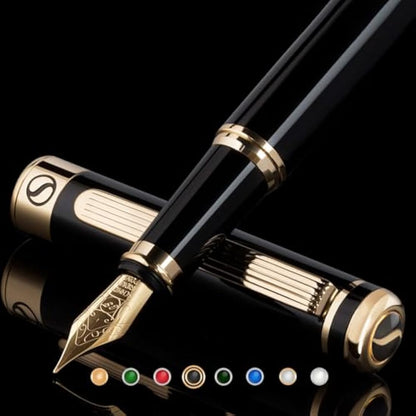 Scriveiner Black Lacquer Fountain Pen Stunning Pen, Real Gold Plating, Schmidt Gilded Nib (Extra Fine), Best Pen Gift Set for Men & Women, Professional, Executive, Office, Nice Pens