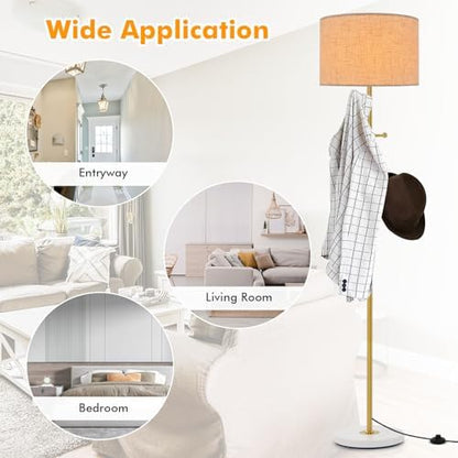 GiantexUK Floor Lamp with Coat Rack, Multi-Purpose Standing Lamp with Linen Fabric Lampshade, 5 Hooks, E27 Socket, Foot Switch & Large Base, Modern Reading Light for Living Room Bedroom Office