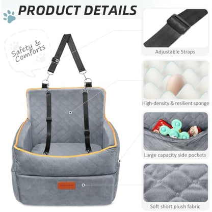 HEGGCOOE Small Dog Car Seat, Memory Foam Dog Booster Seats with Thick Cushion for Medium Dogs Under 35lbs, Detachable Washable Pet Car Seat with Storage Pockets,2 Safety Belts