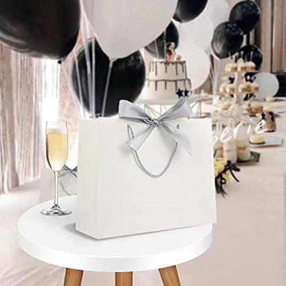 Gift Bags White with Silver Bow Ribbon,Luxury Present Bags for Birthday,Weddings,Party,Bridesmaid,Bridal Shower,12.6x9.8x3.9inches,(White,8 Pack)