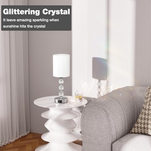 Aooshine Touch Table Lamp, Crystal Bedside Lamps with 3 Way Dimmable, Touch Lamps Bedside with USB C+A Charging Ports, Bed Lamps with White Fabric Shade for Living Room, Bedroom, Dorm(Bulb Included)