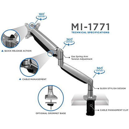 Mount-It! Single Monitor Arm Desk Mount | Gas Spring Monitor Arm | Full Motion Articulating Height Adjustable | Fits 21 22 23 24 27 30 32 Inch VESA Compatible Computer Screen | Clamp and Grommet Base