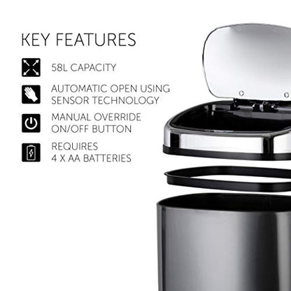 Tower T80902 Kitchen Bin with Sensor Lid, Automatic Soft-Close, Manual Override, 58 Litre, Charcoal