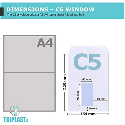 Triplast 100 x C5 Window Self Seal Security Envelopes (Size: 229x164mm) | Address Window, Self Sealing & Printer Safe Mailing Paper Envelopes | Ideal for Everyday Home, Office & Commercial Use