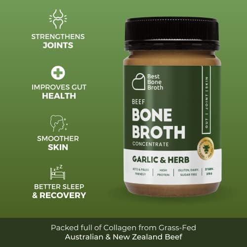 Best Bone Broth Premium Beef Bone Broth Concentrate Garlic & Herb Flavour - 100% Sourced from Grass Fed, Pasture-Raised Cattle - Bone Broth Protein and Collagen - Bone Broth Soup - 375g (37 Servings)