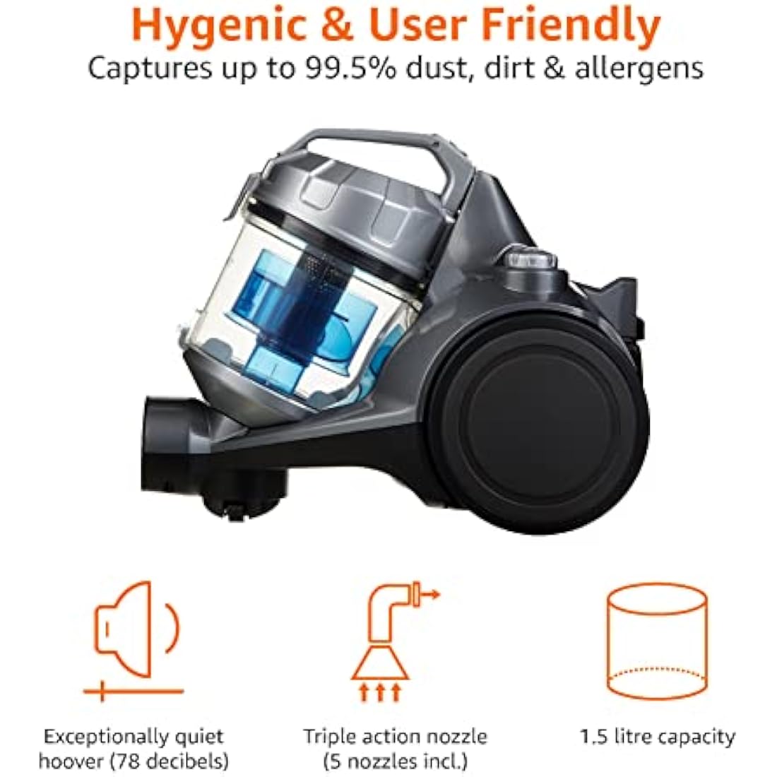 Amazon Basics Cylinder Bagless Vacuum Cleaner with HEPA filter for Hardfloor, Carpet & Car, Compact & Lightweight, 700W, 1.5L, Black