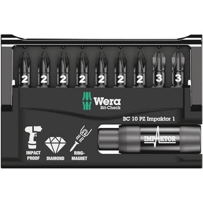 Wera Bit-Check 10 PZ Impaktor 1 TriTorsion Long Life Pozidriv bit set for all impact drills, with Impaktor holder, 10pc, 05057684001