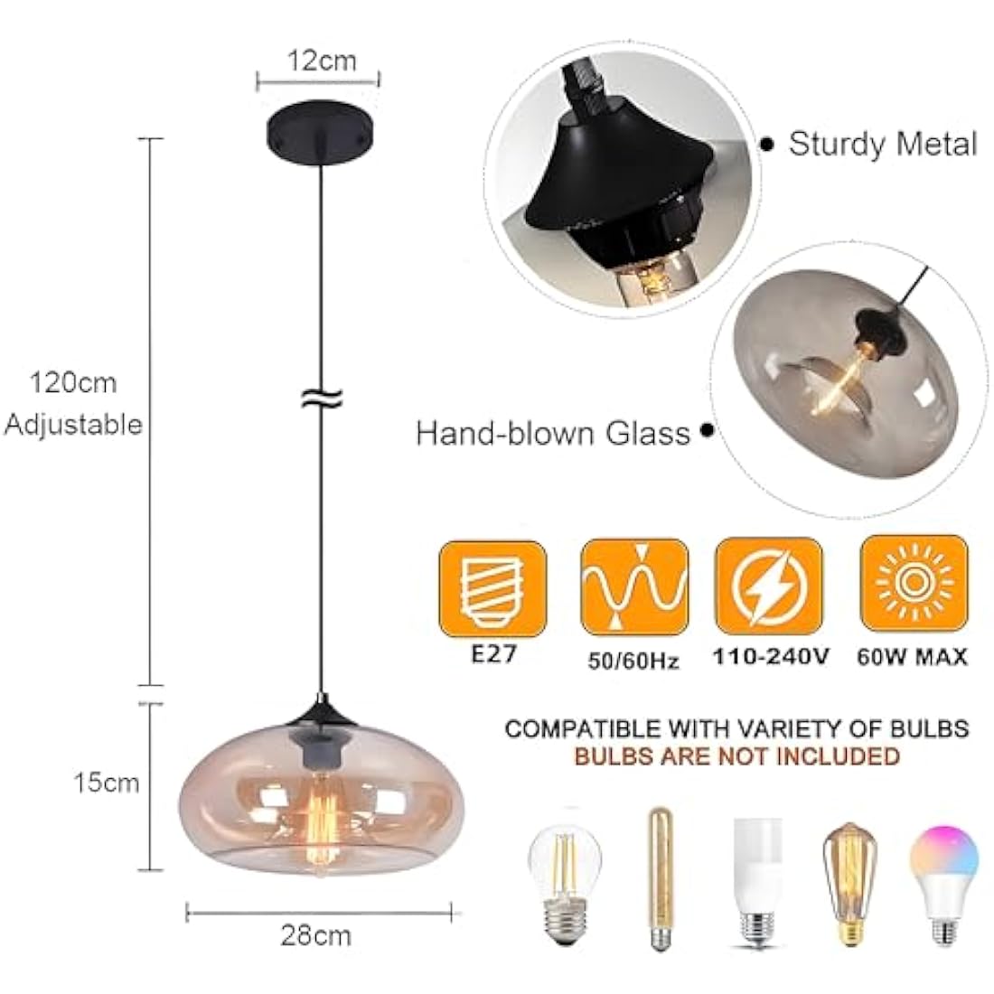 HJXDtech Pendant Light with 28cm Glass Lampsahde, Industrial Vintage Loft Bar E27 Ceiling Hanging Lamp for Kitchen, Dining &Living Room (Amber)