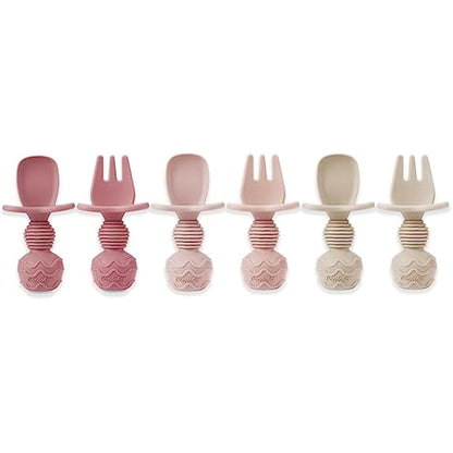 PandaEar 6 Pack Silicone Baby Spoons and Fork Feeding Set- Anti-Choke First Self Feeding Utensils for Baby Led Weaning Ages 3 Months -Pink