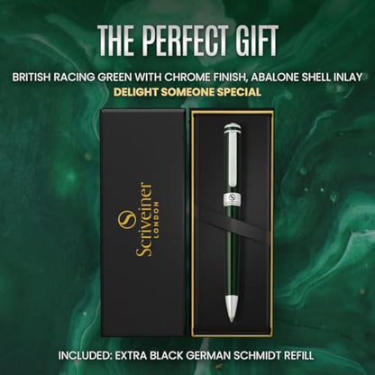 Scriveiner Green Ballpoint - Stunning British Racing Green Luxury Pen, Chrome Finish, Schmidt Black Refill, Best Ball Pen Gift Set for Men & Women, Professional Executive Office